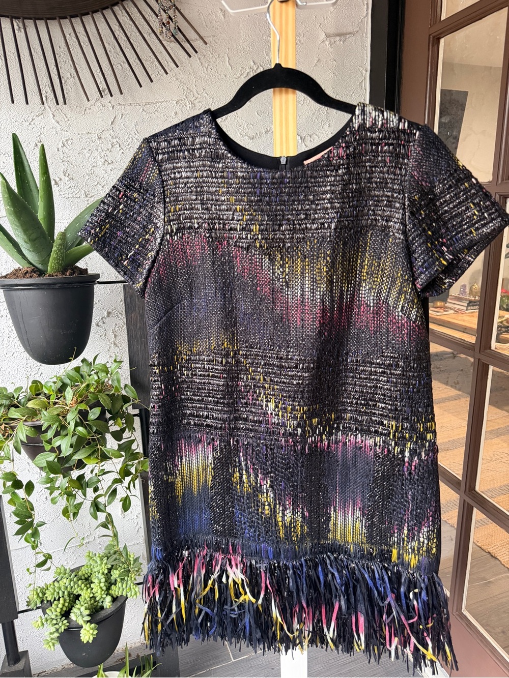 Vilagallo Black Tweed Short Sleeve Dress Accent fringe tassel chevron XL 42